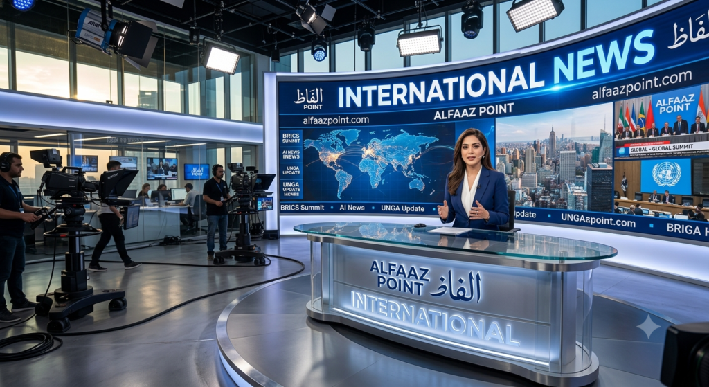 Professional news studio broadcast setup with a female news anchor presenting international news, featuring a large screen behind her displaying "INTERNATIONAL NEWS", a global map graphic, and prominent branding for "ALFAAZ POINT" and "alfaazpoint.com".